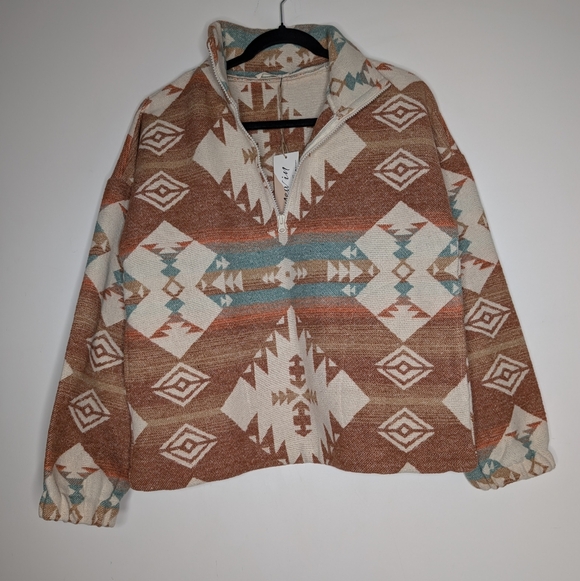 New In Aztec Southwest Print Quarter Zip Pullover Sweater S Cream Rust - Picture 2 of 9